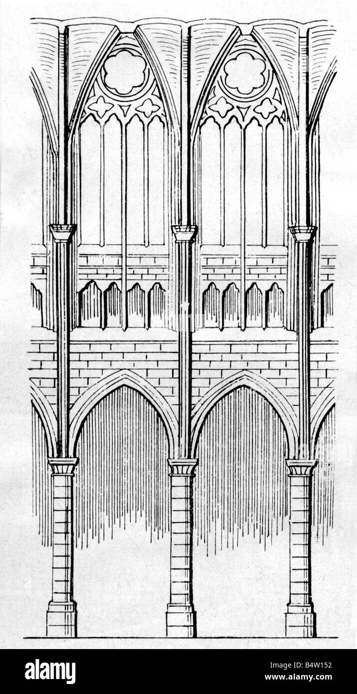 Architecture, détail, scene d'une salle d'église gothique avec triforium, Altenberg Dome, Rhénanie-du-Nord-Westphalie, 2ème moitié du XIIIe siècle, gravure en bois, XIXe siècle, arche de lancet, Allemagne, historique, moyen âge, Banque D'Images