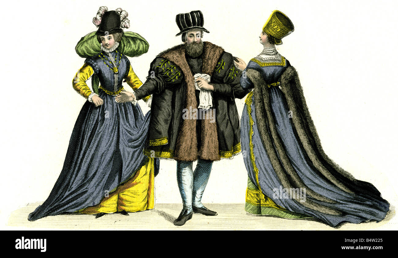 Mode, XVIe siècle, dame de Bourgogne, alderman de Leipzig, dame de Nuremberg en robe de mariage, gravure en bois, XIXe siècle, Banque D'Images