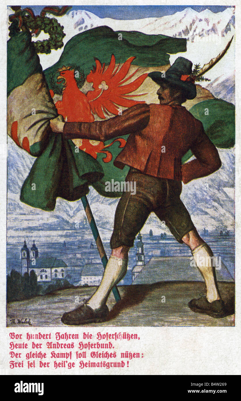 Hofer, Andreas, 22.11.1767 - 20.2.1810, chasseur Tyrolian Freedom, dessin couleur par Th. Walch, carte postale, estampillée 2.5.1921, , Banque D'Images