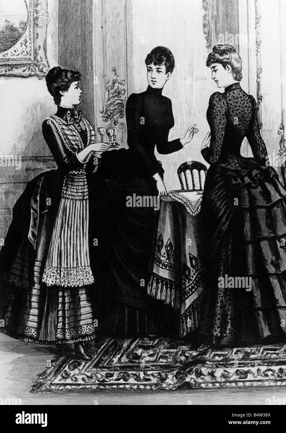 mode, xixe siècle, mode dames, deux dames en robe et en femme de chambre, gravure en bois, 1884, Banque D'Images