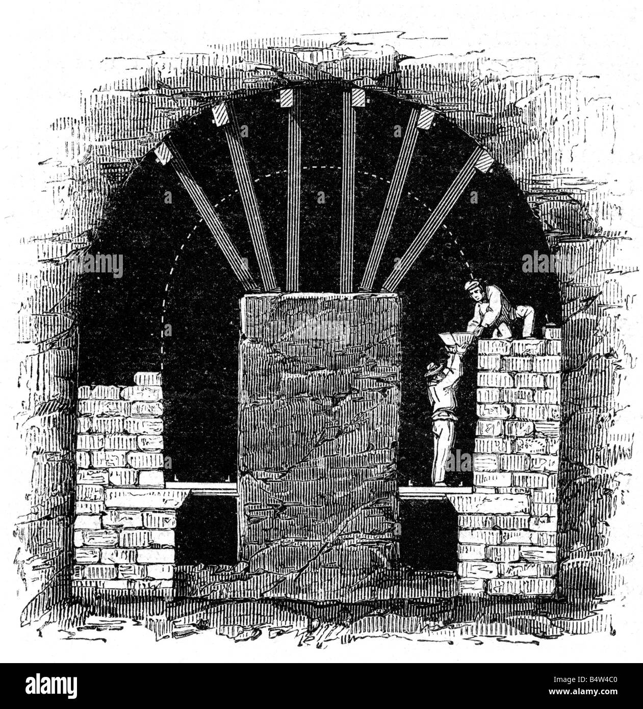 Architecture, tunnels, construction d'un tunnel ferroviaire, excavation de l'arche, gravure en bois, Allemagne, 1860, Banque D'Images