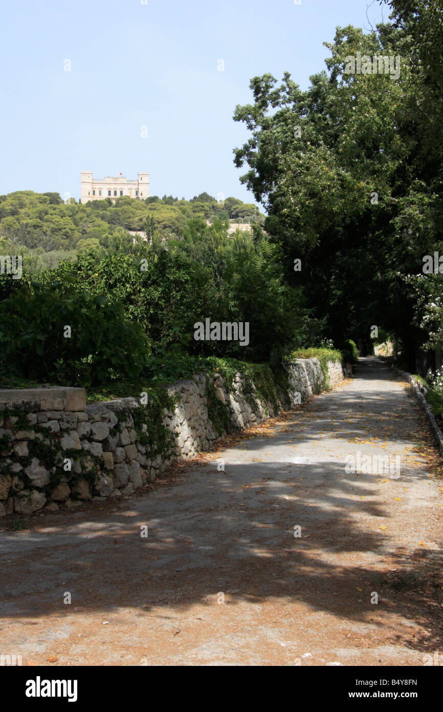 Un chemin qui traverse la Buskett Gardens, à Malte. Banque D'Images