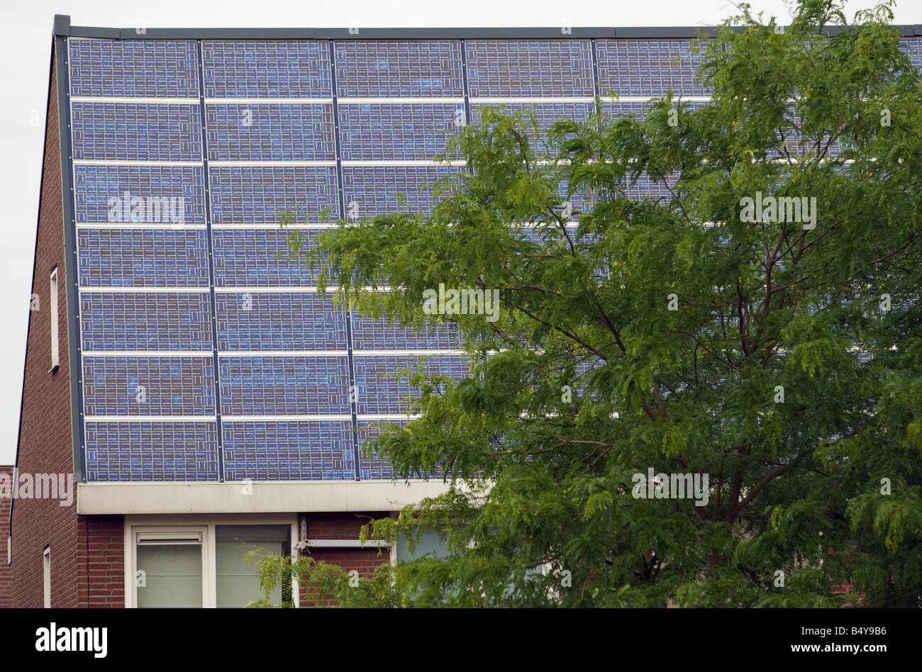 Shell Solar panneaux situés à maisons sur le plus grand ensemble immobilier à énergie solaire, Nieuwland, Amersfoort, Pays-Bas. Banque D'Images