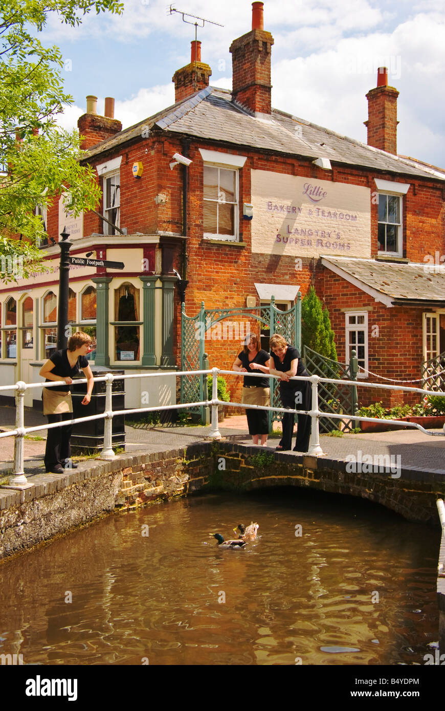 Se détendre par un ruisseau avec des canards à Stockbridge Hampshire UK Banque D'Images