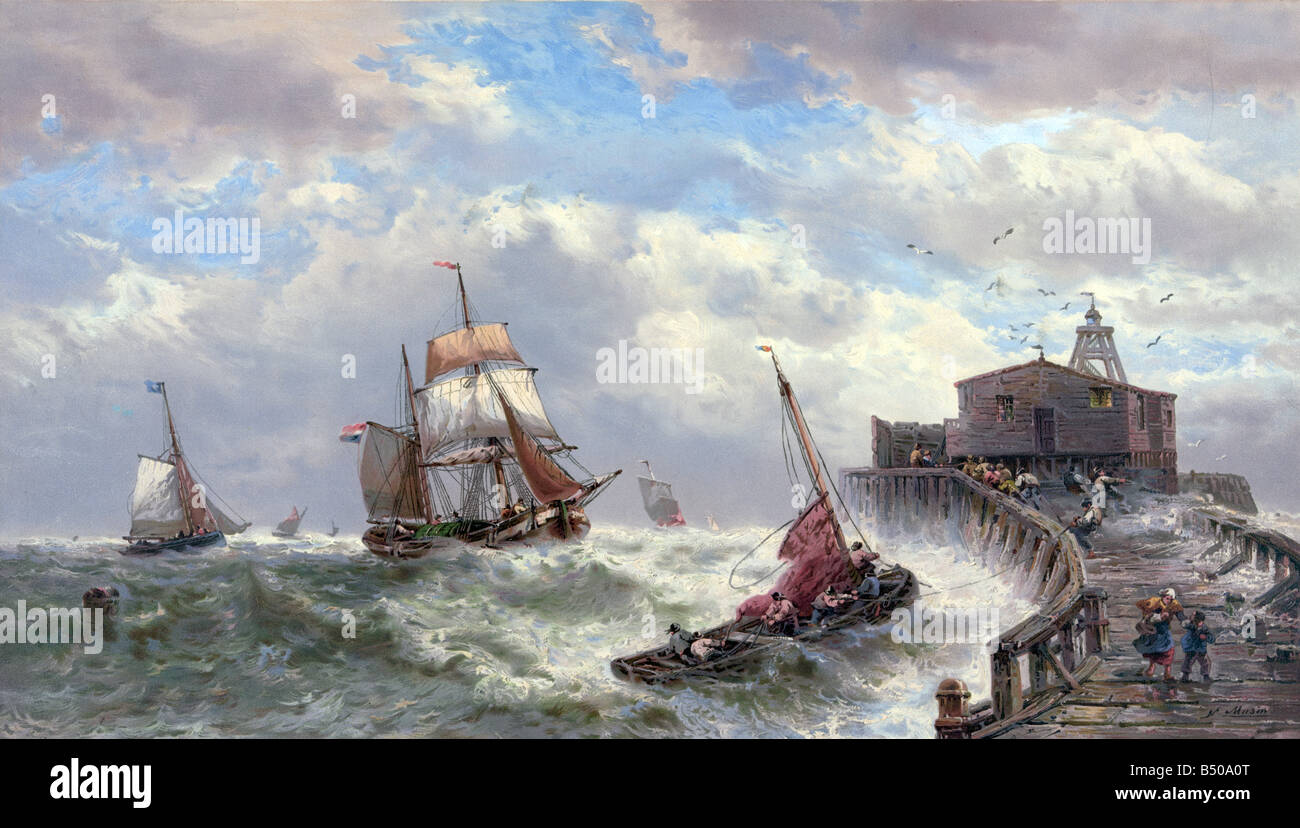 Calais Pier dans une tempête avec Sailingships français 1879 Banque D'Images