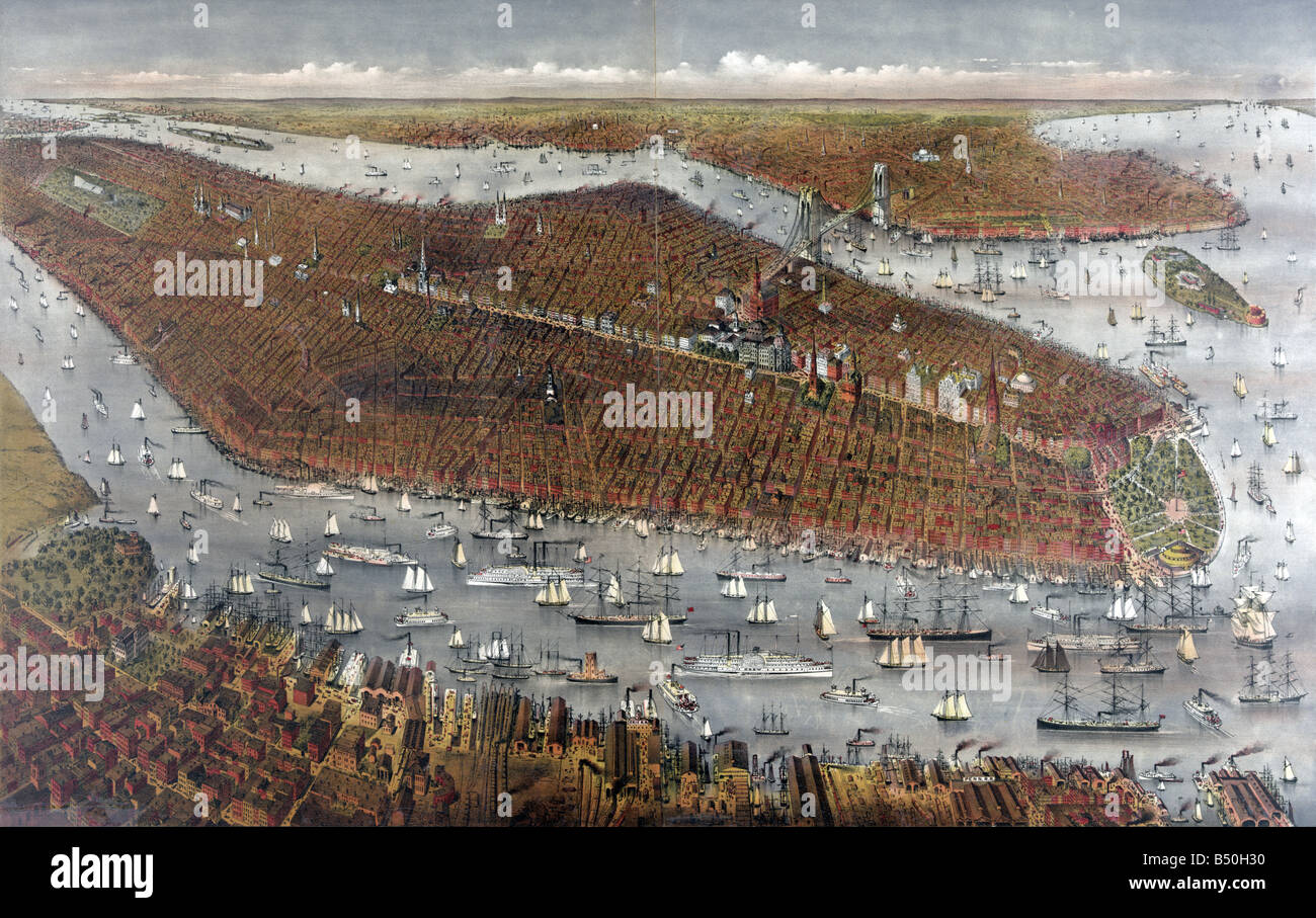 Vue aérienne de New York et de Brooklyn 1877 Banque D'Images