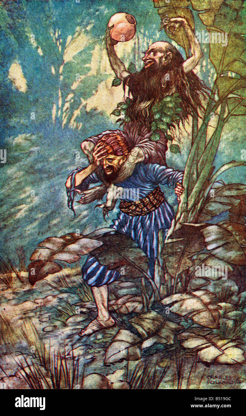 Le cinquième voyage de Sinbad le marin illustration par Charles Folkard du livre Les Mille et Une Nuits publié 1917 Banque D'Images