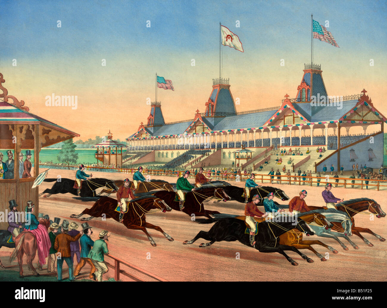 Imprimer montrant une course de chevaux en cours, peut-être à Monmouth Park, Long Branch, NJ vers 1870 Banque D'Images