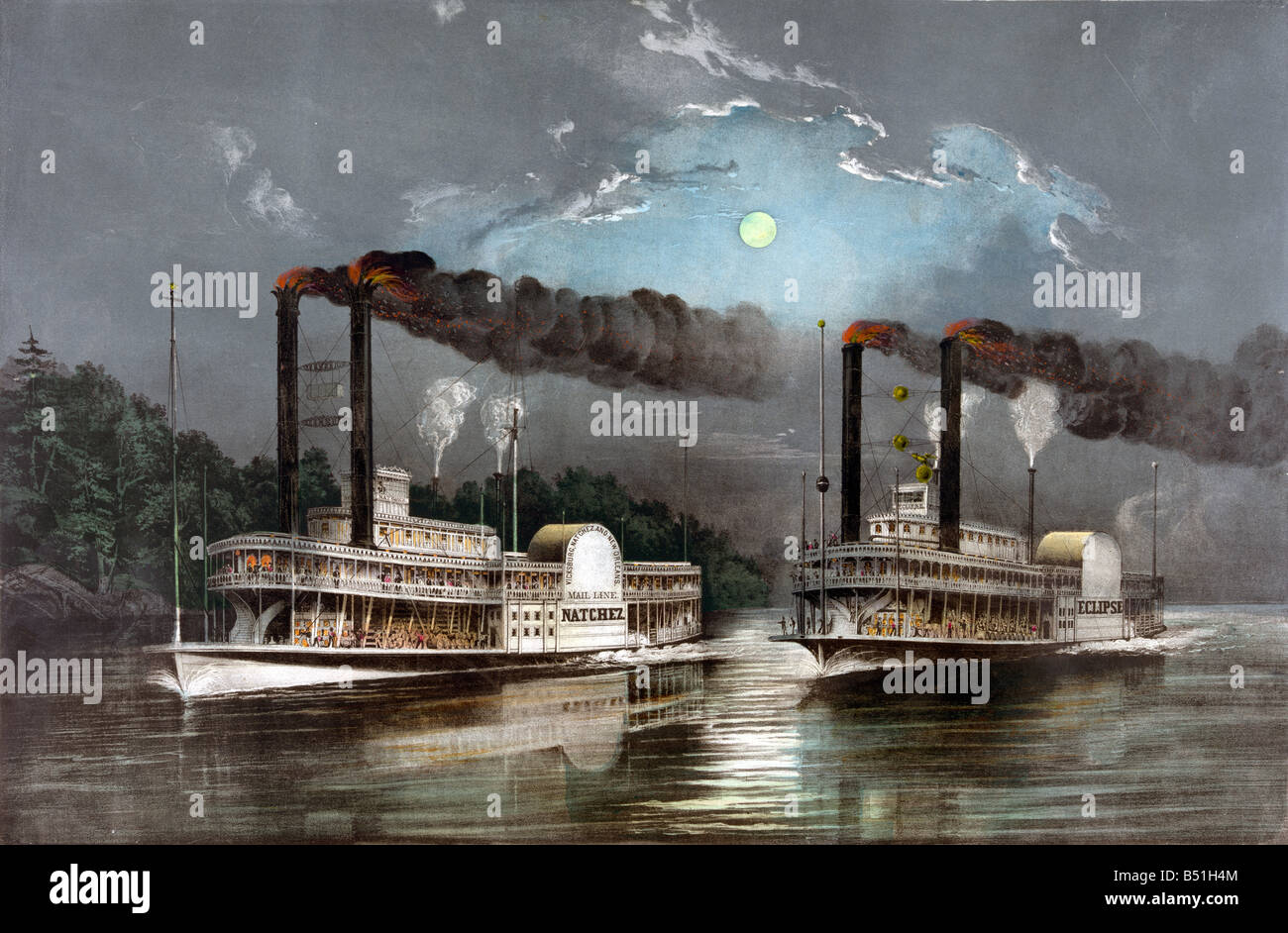Course de nuit entre le Steamboat Natchez et l'Eclipse 1890 Banque D'Images