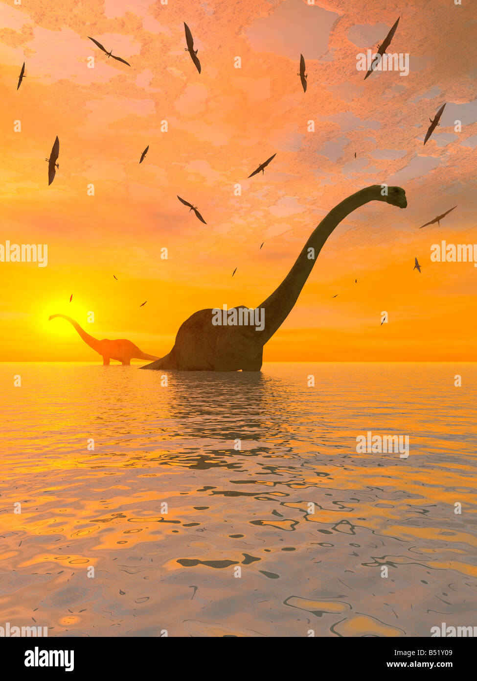 Le Diplodocus dinosaures et ptérosaures volants. Banque D'Images