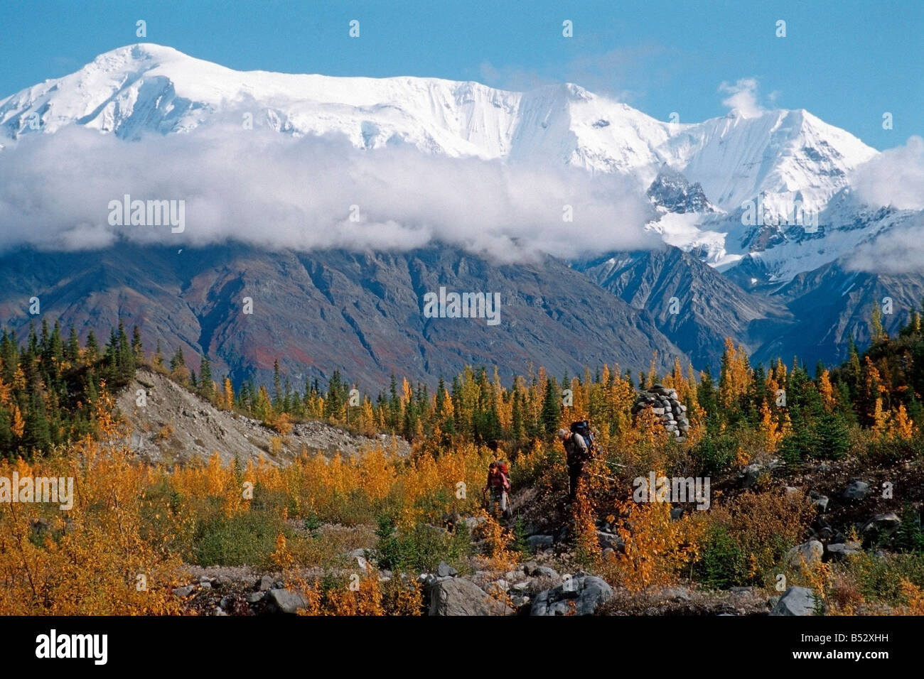 Paire de randonneurs profitez de couleurs d'automne lors d'une randonnée dans le parc national Wrangell-St.Elias Centre Sud de l'Alaska. Banque D'Images
