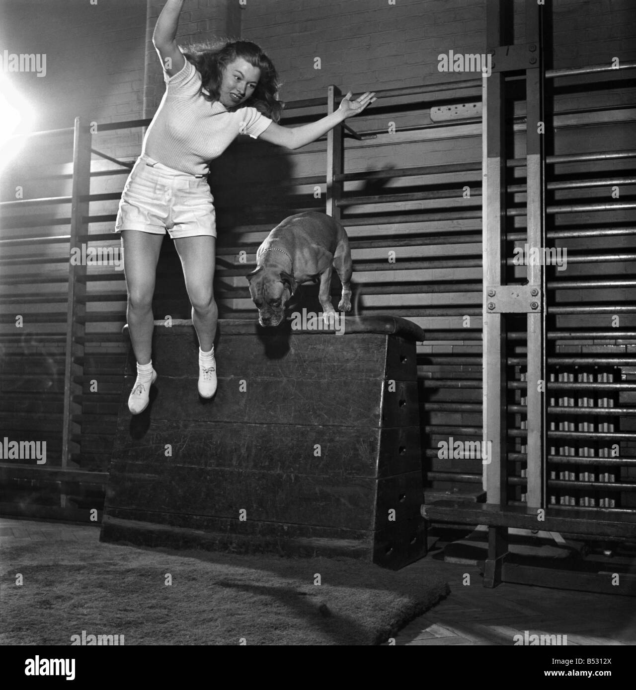 Janette Gay, un stunt girl in films, n'est un durcissement des exercices dans une salle de sport à Londres. Septembre 1950 O25814-001 Banque D'Images