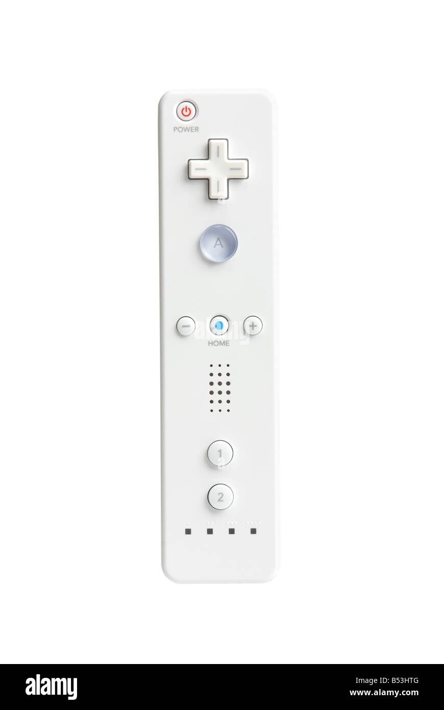 Montré ici est une télécommande sans fil pour Nintendo Wii jeu vidéo. Tous les logos déposés. Naturellement isolé sur blanc, dossier Banque D'Images