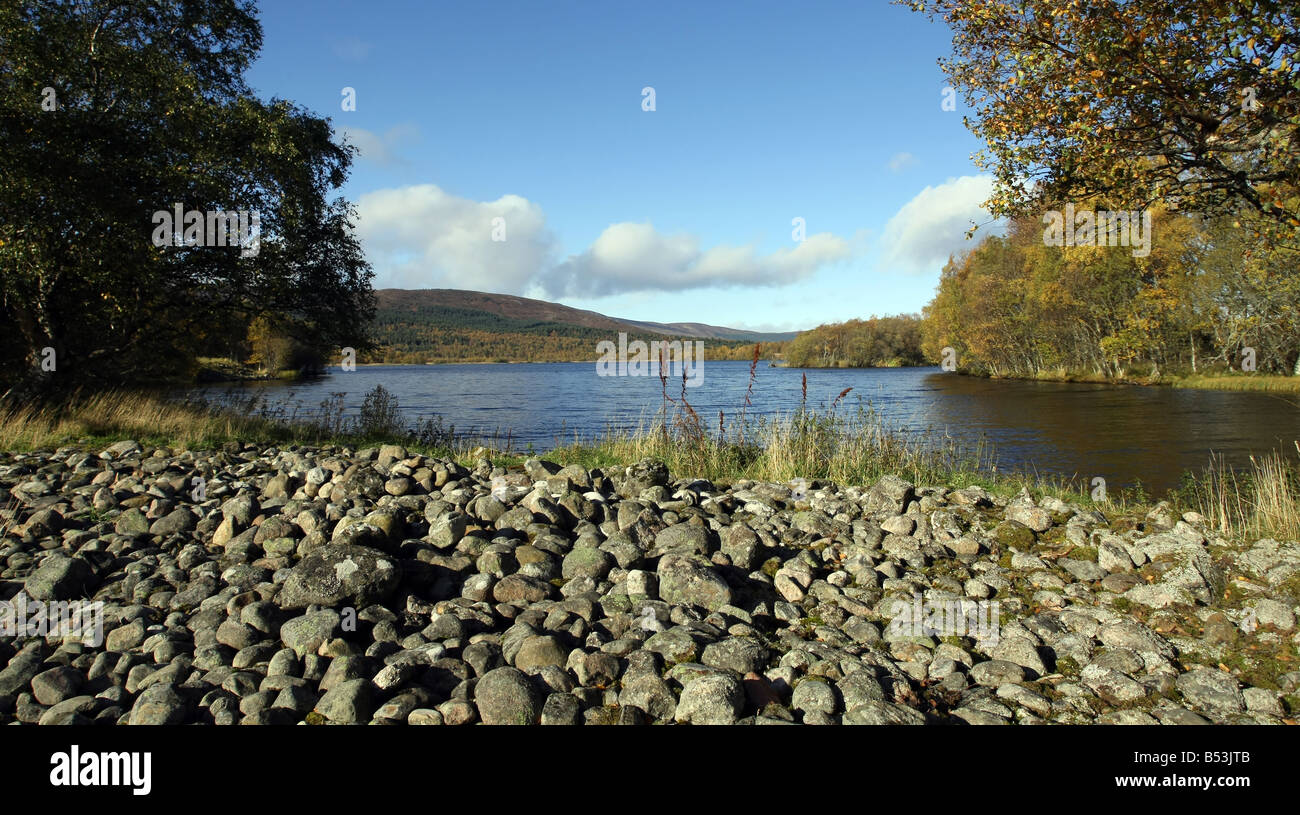 Loch Kinord dans Aberdeenshire, Scotland, UK, formé au cours de l'ère glaciaire, qui fait maintenant partie de la réserve naturelle de Dinnet Muir Banque D'Images