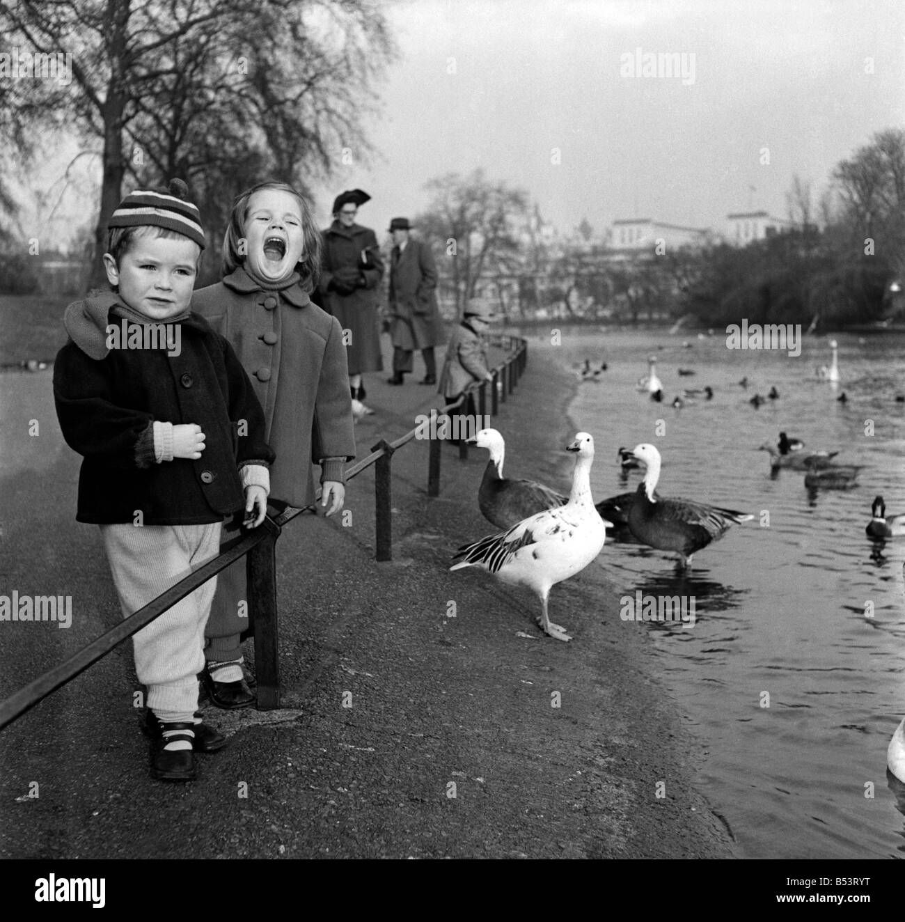 Matti Fastinen et sa sœur Mer-Fastinen inkeri vu ici pour enfants vêtements en modélisation finlandais St James Park. Novembre 1952 Banque D'Images