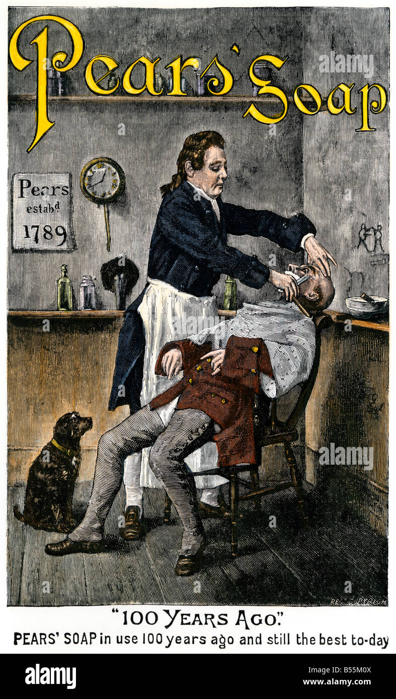 Salon de coiffure de 1789 un client de rasage, illustré dans un savon Pears annonce 1880. À la main, gravure sur bois Banque D'Images