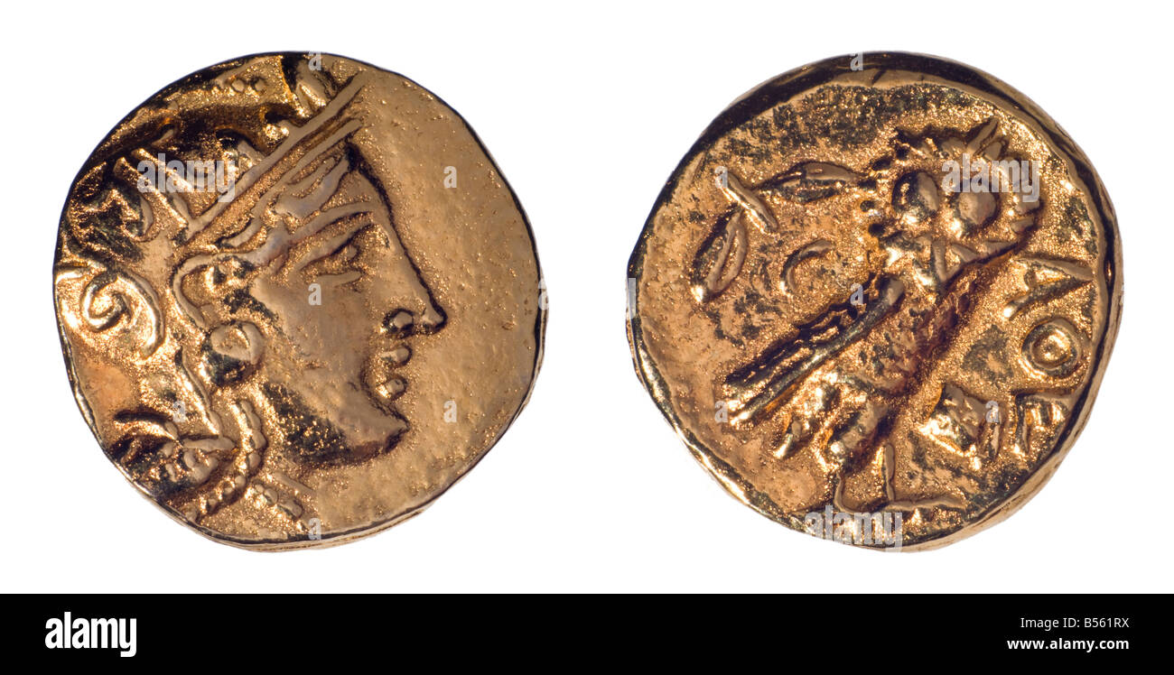 Le grec ancien Coin (reproduction) or Stater d'Athènes à partir de c296 BC. Ar : Owl. Avers : tête d'Athéna Banque D'Images