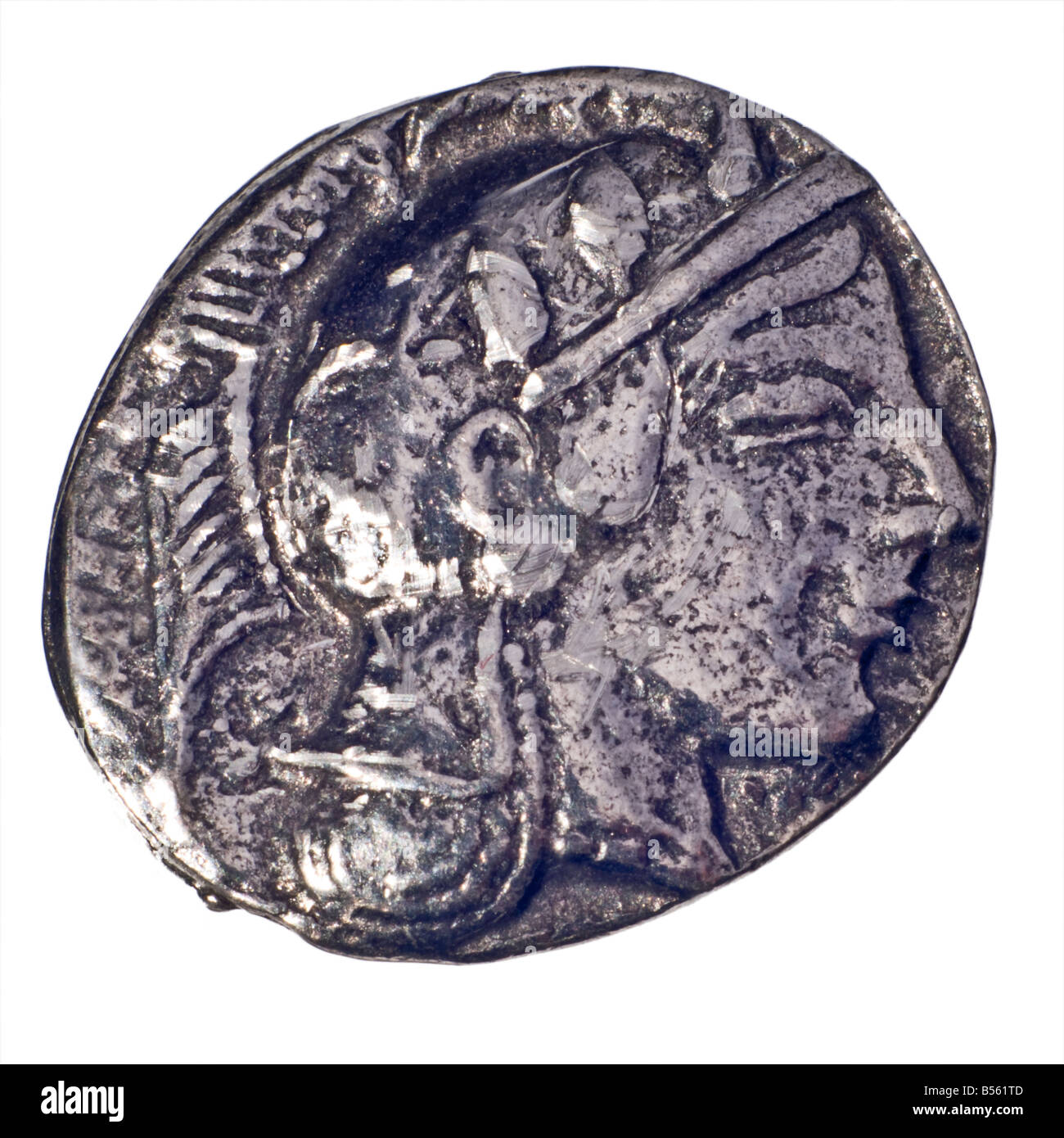 Le grec ancien Coin (reproduction) Argent Didrachm d'Athènes à partir de c460 BC. Avers ; Chef d'Athena. (Marche arrière ; hibou) Banque D'Images