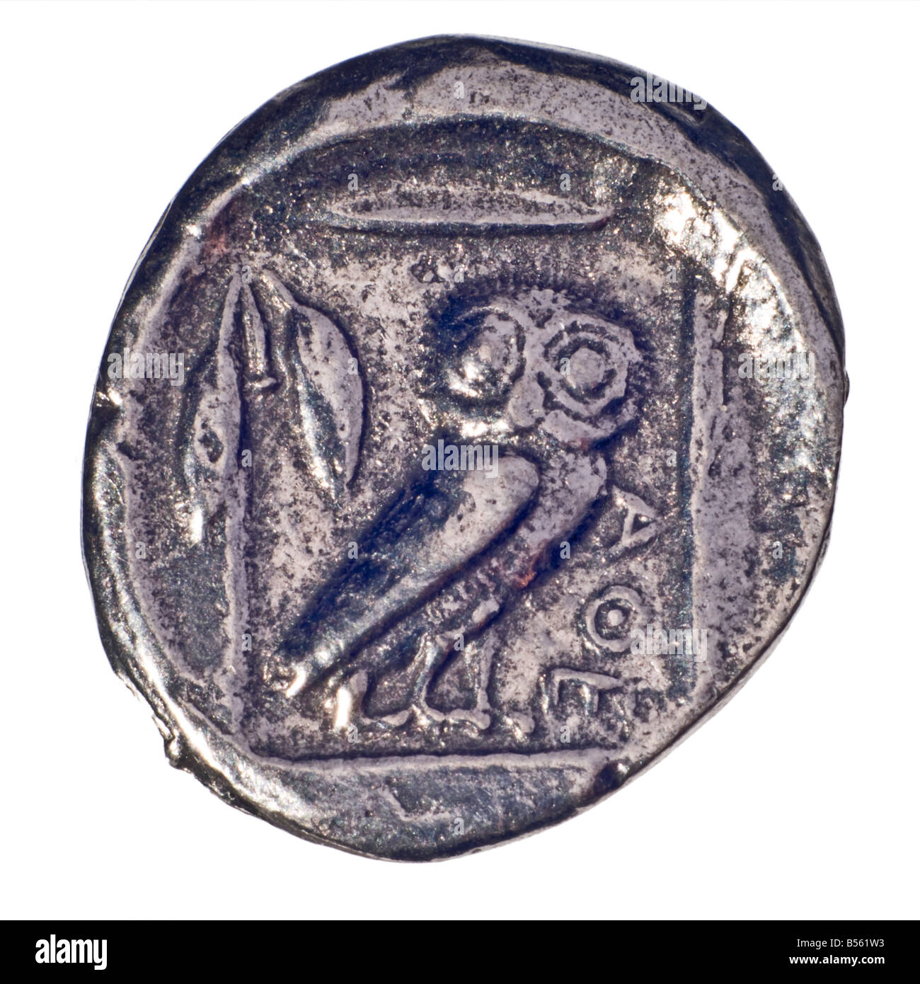 Le grec ancien Coin (reproduction) Argent Didrachm d'Athènes à partir de c460 BC. (Avers ; Chef d'Athena). Owl ; marche arrière Banque D'Images