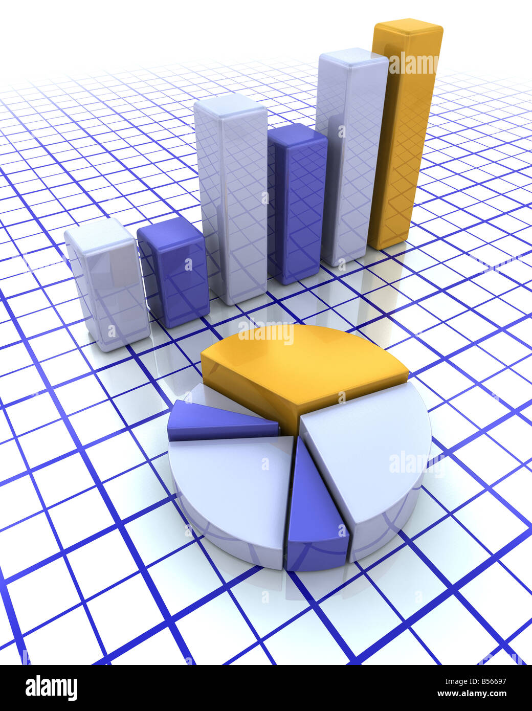 Rendu 3D d'un graphique à barres et un diagramme circulaire Banque D'Images
