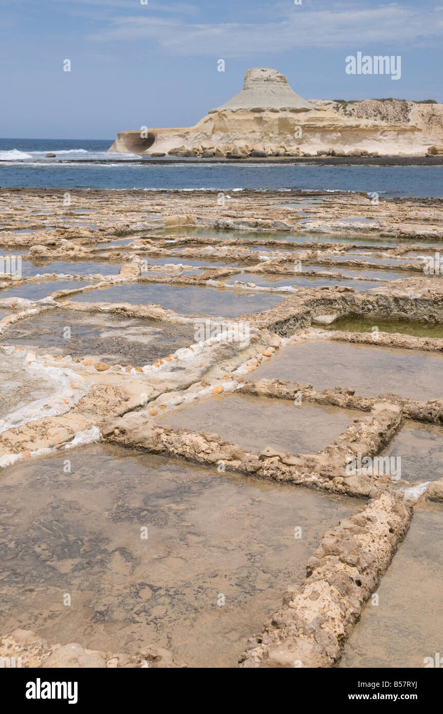 Les marais salants à Qbajjar, près de Marsalforn, Gozo, Malte, Méditerranée, Europe Banque D'Images
