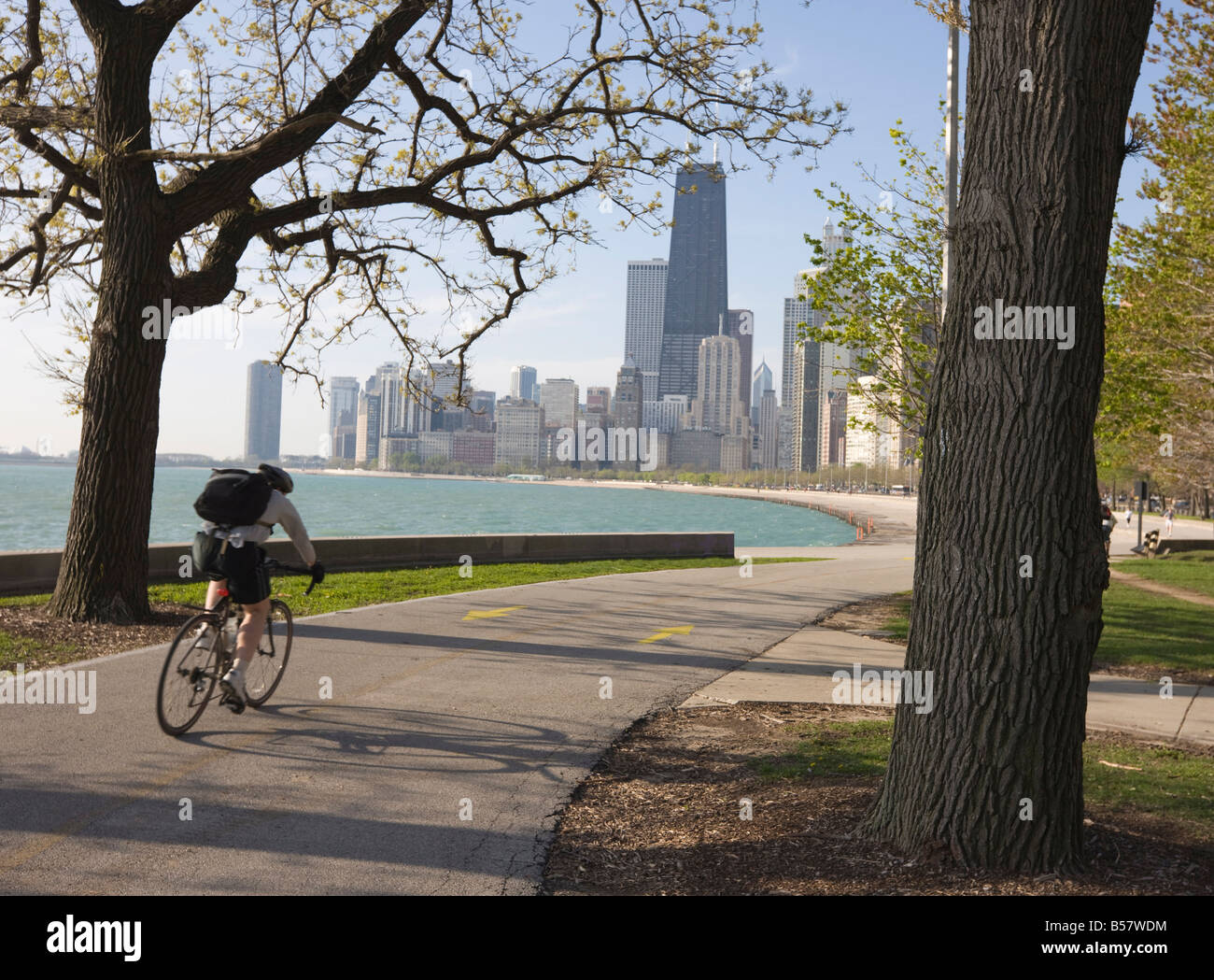 Par cycliste le lac Michigan shore, Gold Coast District, Chicago, Illinois, États-Unis d'Amérique, Amérique du Nord Banque D'Images