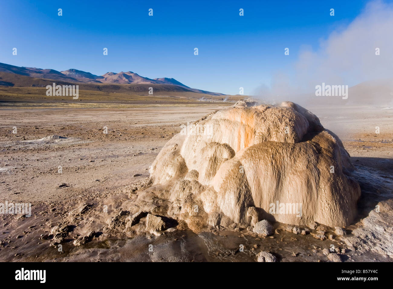 El Tatio Geysers, la région est entourée par les volcans et alimenté par 64 geysers, Désert d'Atacama, Chili Banque D'Images