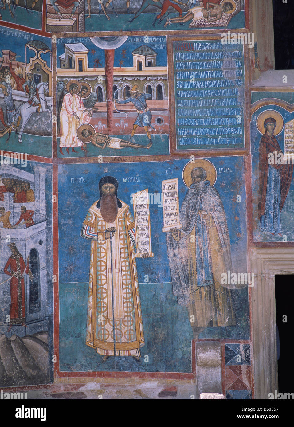 Des panneaux au début de saints et des prophètes, Voronet, Nord Ouest de la Moldavie, Roumanie Banque D'Images