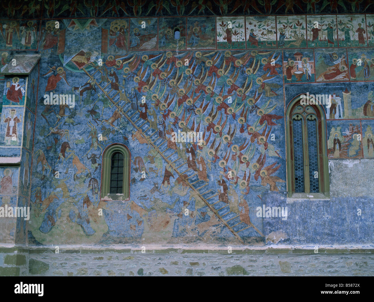 Échelle de la vertu, le mur nord du monastère Sucevita, Nord Ouest de la Moldavie, Roumanie Banque D'Images