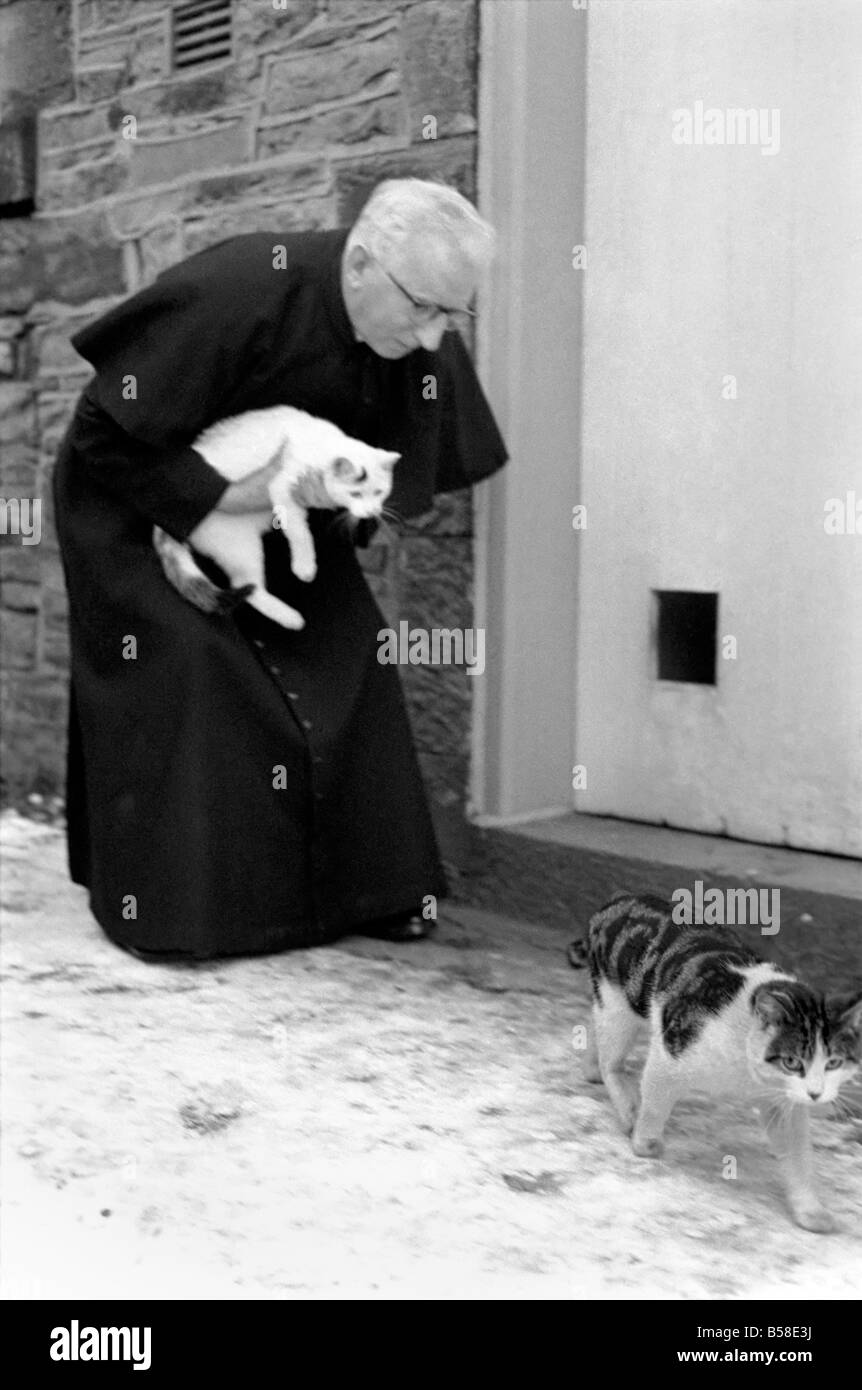 Le curé vu ici rassemblant ses petits chats.. Février 1970 70-1627-001 Banque D'Images
