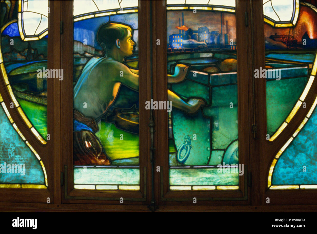 Détail de vitraux Art Nouveau, chambres de commerce, Nancy, Lorraine, France, Europe Banque D'Images