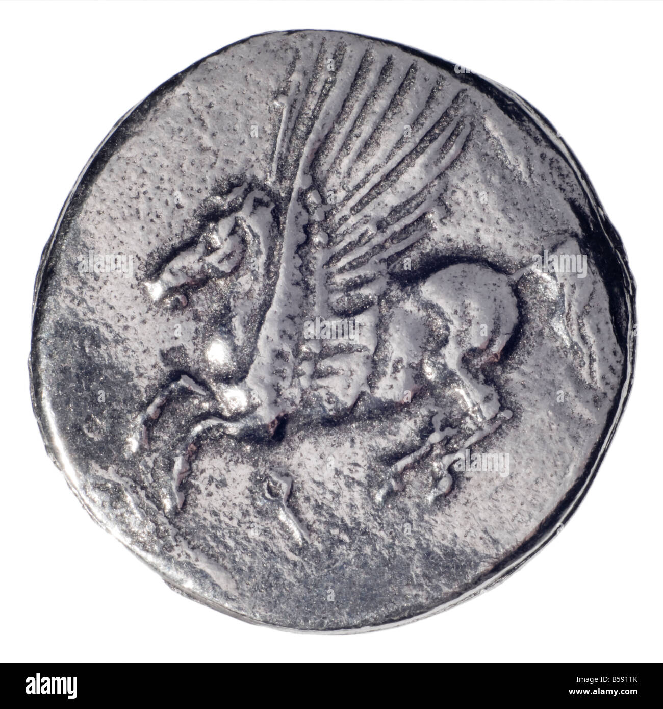 Pièce d'argent de la Grèce antique (réplique) Argent Didrachm de Corinthe, 4thC BC. (Avers : Athena) inverse : le cheval ailé Pégase Banque D'Images