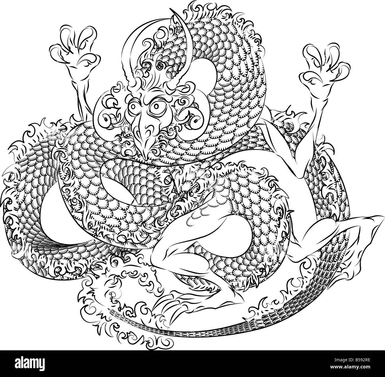 Illustration de dragon japonais noir sur fond blanc Banque D'Images