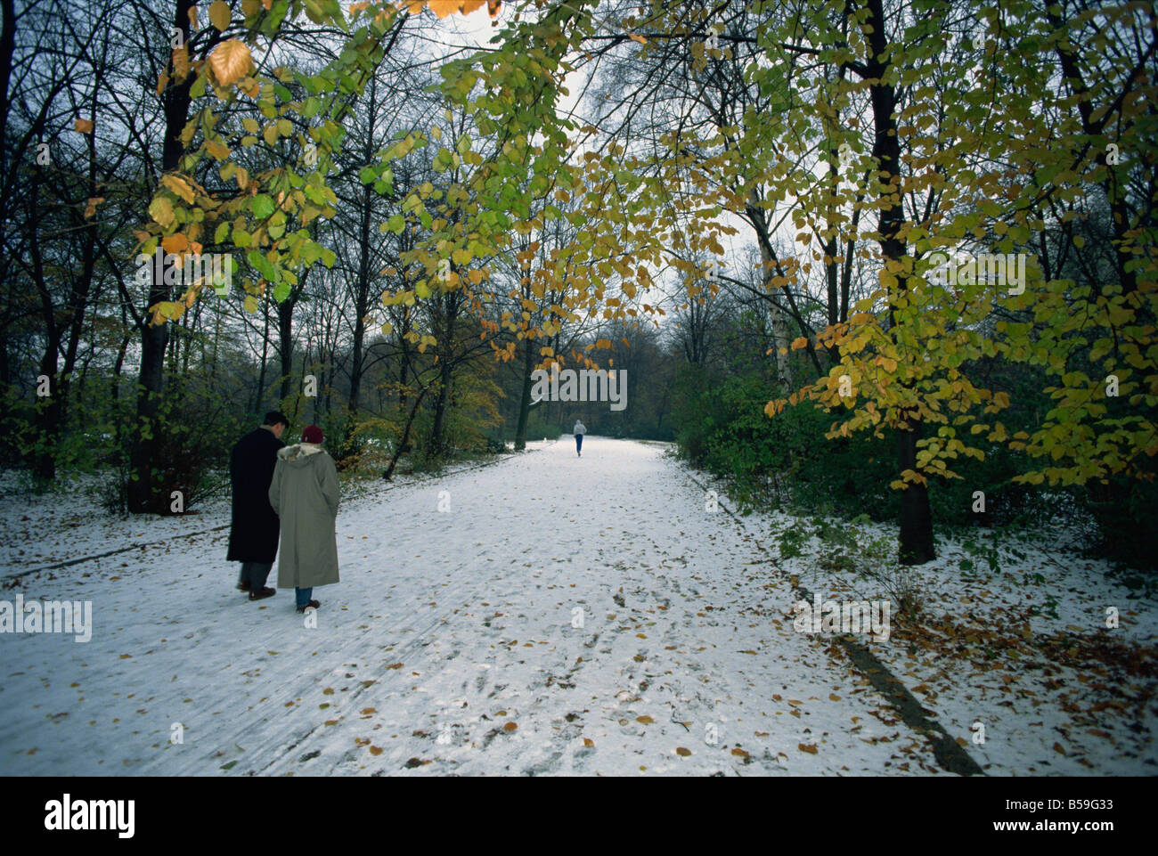Couple en train de marcher dans la neige dans le Tiergarten, Berlin, Germany, Europe Banque D'Images