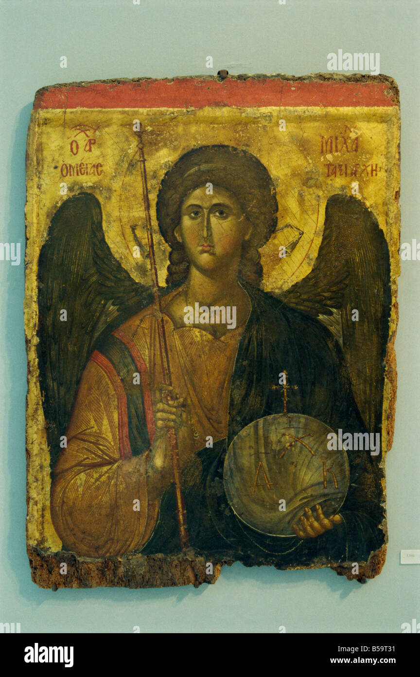 C 14ème icône de l'Archange Michael dans le musée byzantin d'Athènes Grèce G Hellier Banque D'Images
