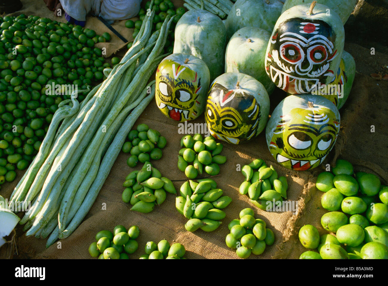 Mangues vertes snake gourdes et squash peint avec des visages à accrocher en vitrine pour garder les mauvais esprits l'Inde Asie Banque D'Images