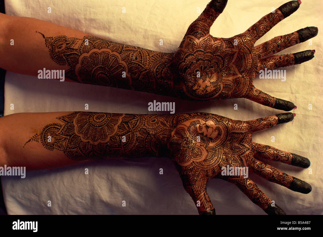 Décoration des mains au henné colorant pour un processus Mehendi mariée le nord de l'Inde Asie Inde Banque D'Images