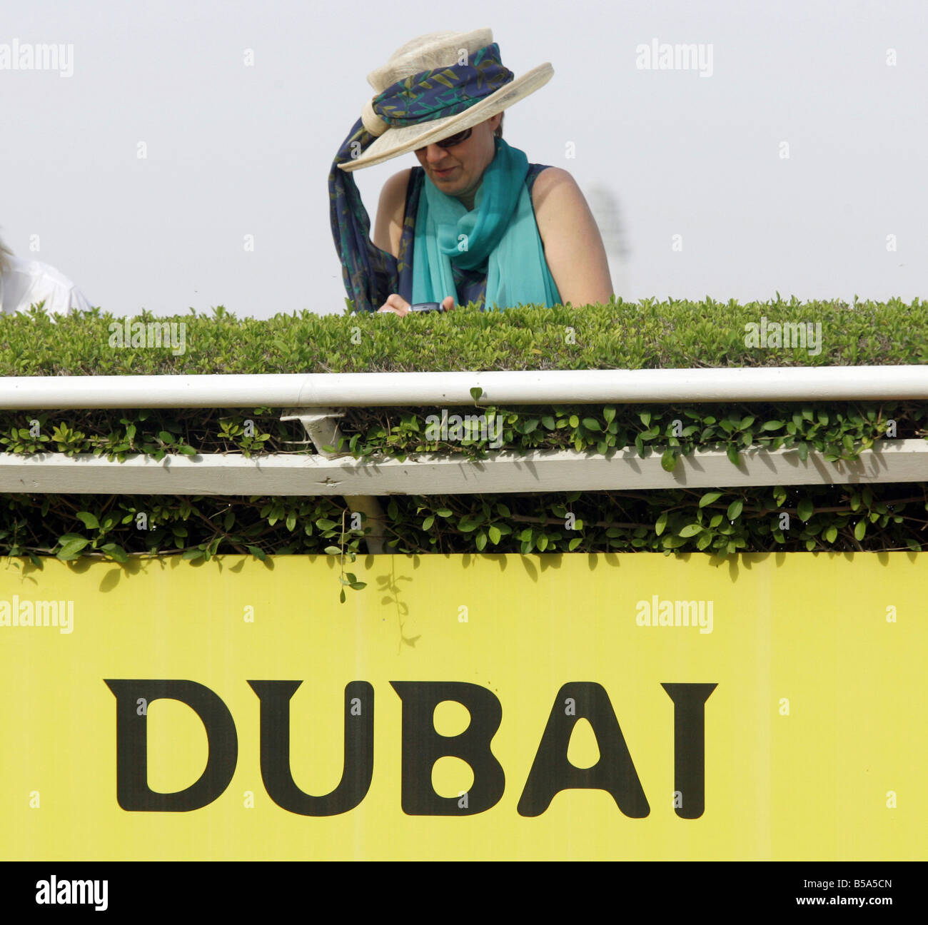 Femme au chapeau à la Nad Al Sheba horse race course, Dubaï, Émirats Arabes Unis Banque D'Images