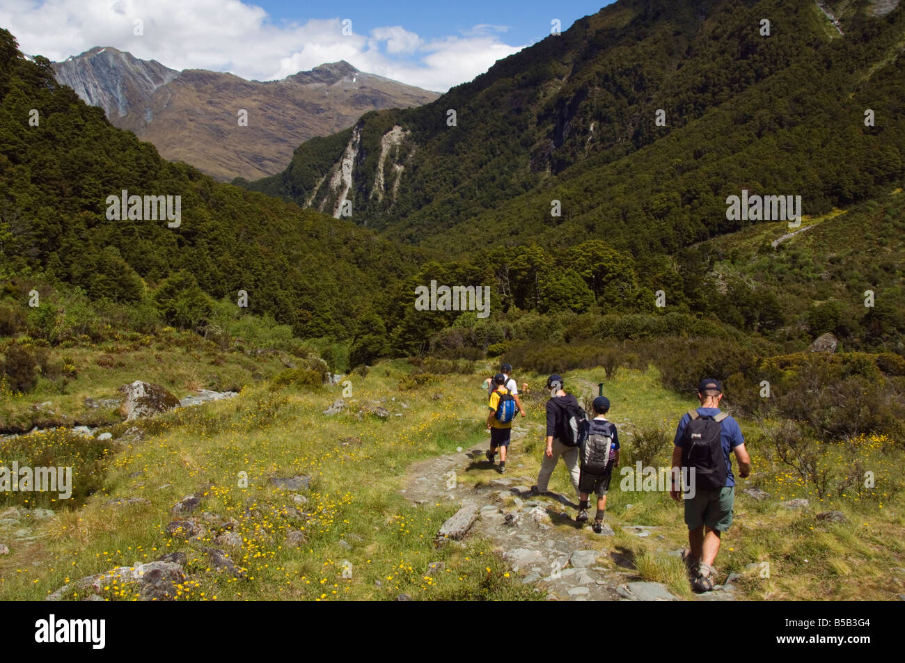 Randonneurs sur Rob Roy Glacier randonnées Piste, Mount Aspiring National Park, Otago, île du Sud, Nouvelle-Zélande, Pacifique Banque D'Images