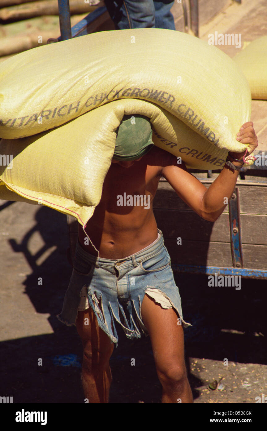 Manutentionnaire portent des sacs à quai dans la ville d'Iloilo, Panay, îles Visayan, aux Philippines, en Asie du sud-est Banque D'Images