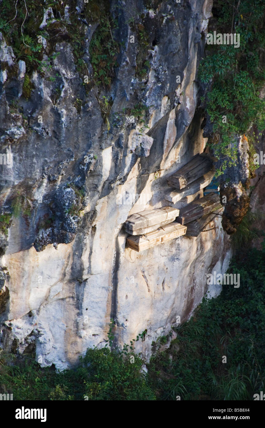 Cercueils suspendus d'Applai animistes anciens ensevelis sur des falaises de calcaire, Sagada Ville, province de Benguet, Luzon, Philippines Banque D'Images