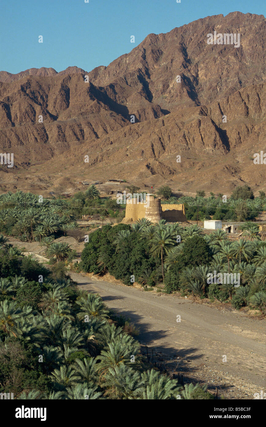 Vue sur l'oasis fort de Bithnal les montagnes d'Oman Emirats Arabes Unis Moyen-orient Banque D'Images