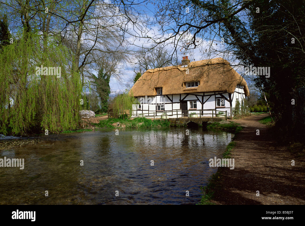 Riverside cottage de chaume, New Alresford, Hampshire, Angleterre, Europe Banque D'Images