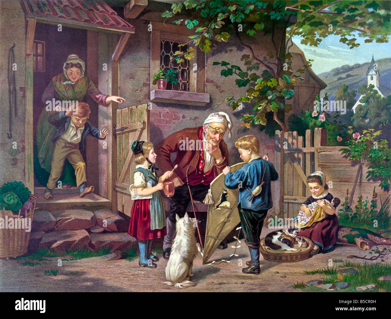 Demander de l'aide à son garçon Grandpa fixant le kite 1871 Banque D'Images