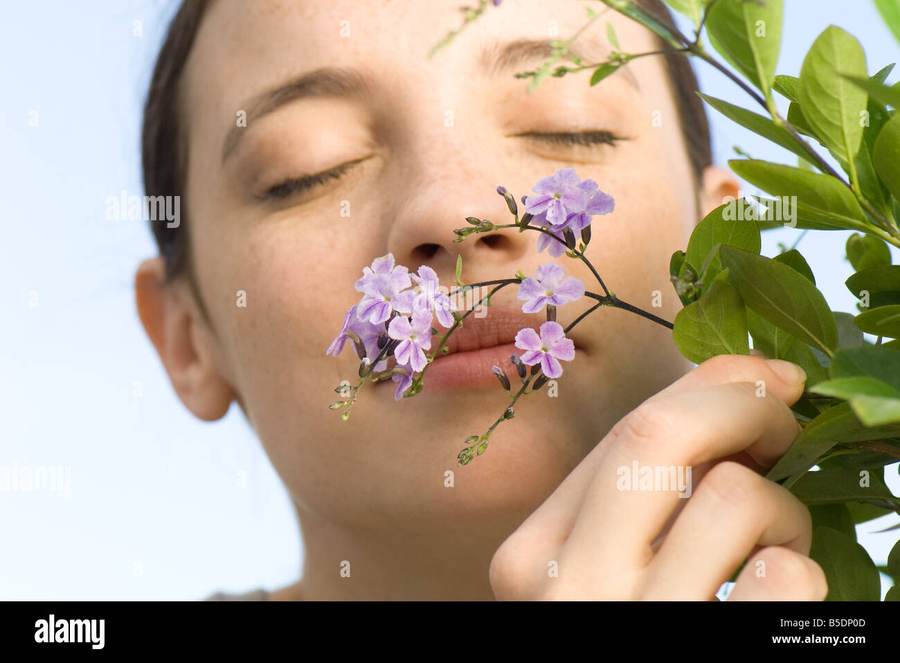 Jeune femme qui sent les petites fleurs violet sur arbre en fleurs Banque D'Images