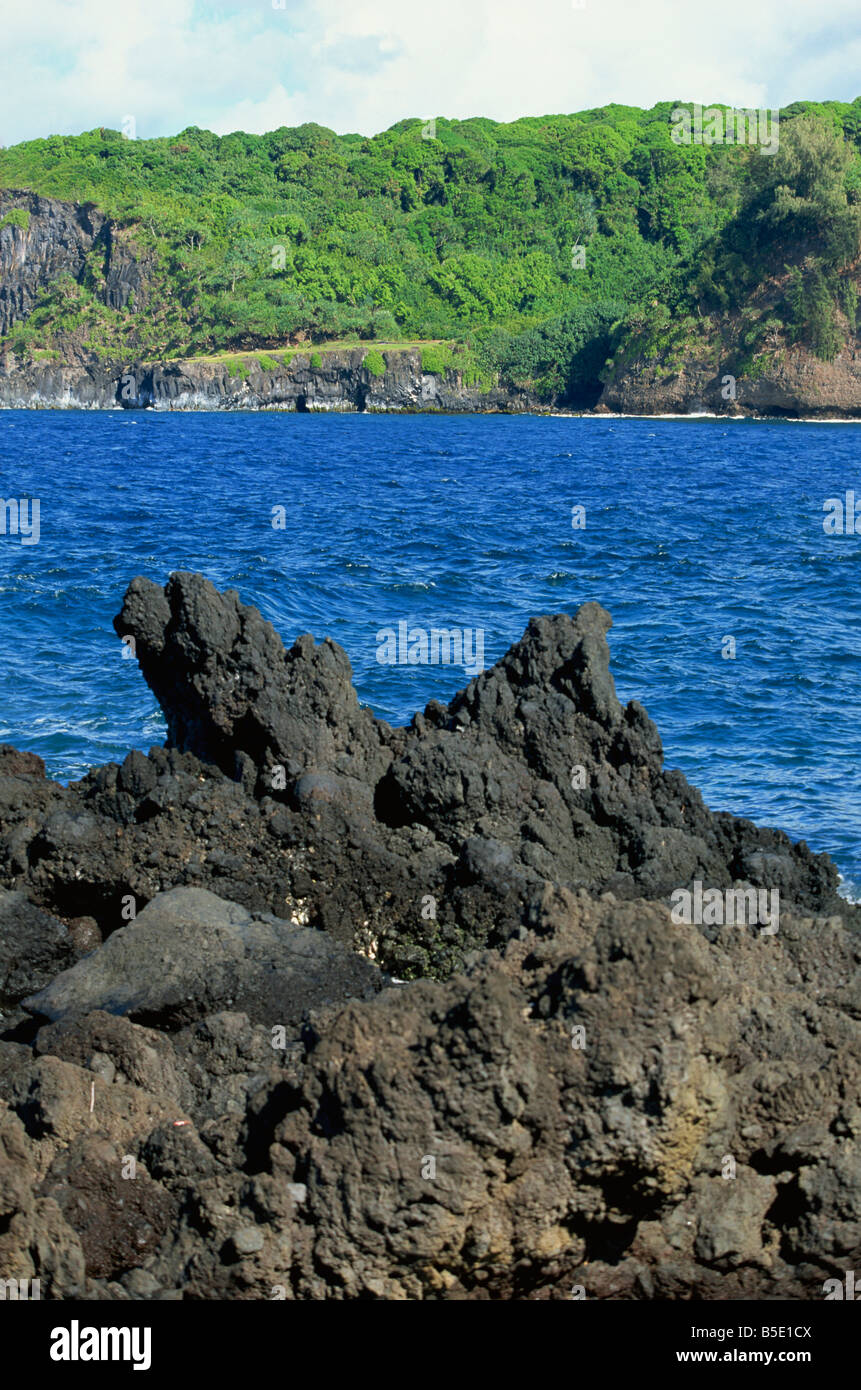 Jagged Black lava shore sur Keanae Peninsula, Hana Coast Road, Maui, Hawaii, Hawaii, USA, Pacifique, Amérique du Nord Banque D'Images