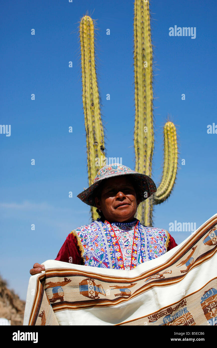 Femme de la région de vendre ses marchandises à l'avant d'une lagre cactus dans le Canyon de Colca, près de Arequipa, Peru Banque D'Images