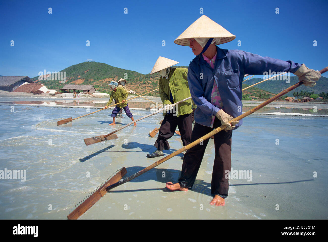 Avec les travailleurs des mines de sel à râteaux à près de Cam Ranh Hue Vietnam Asia T Hall Banque D'Images