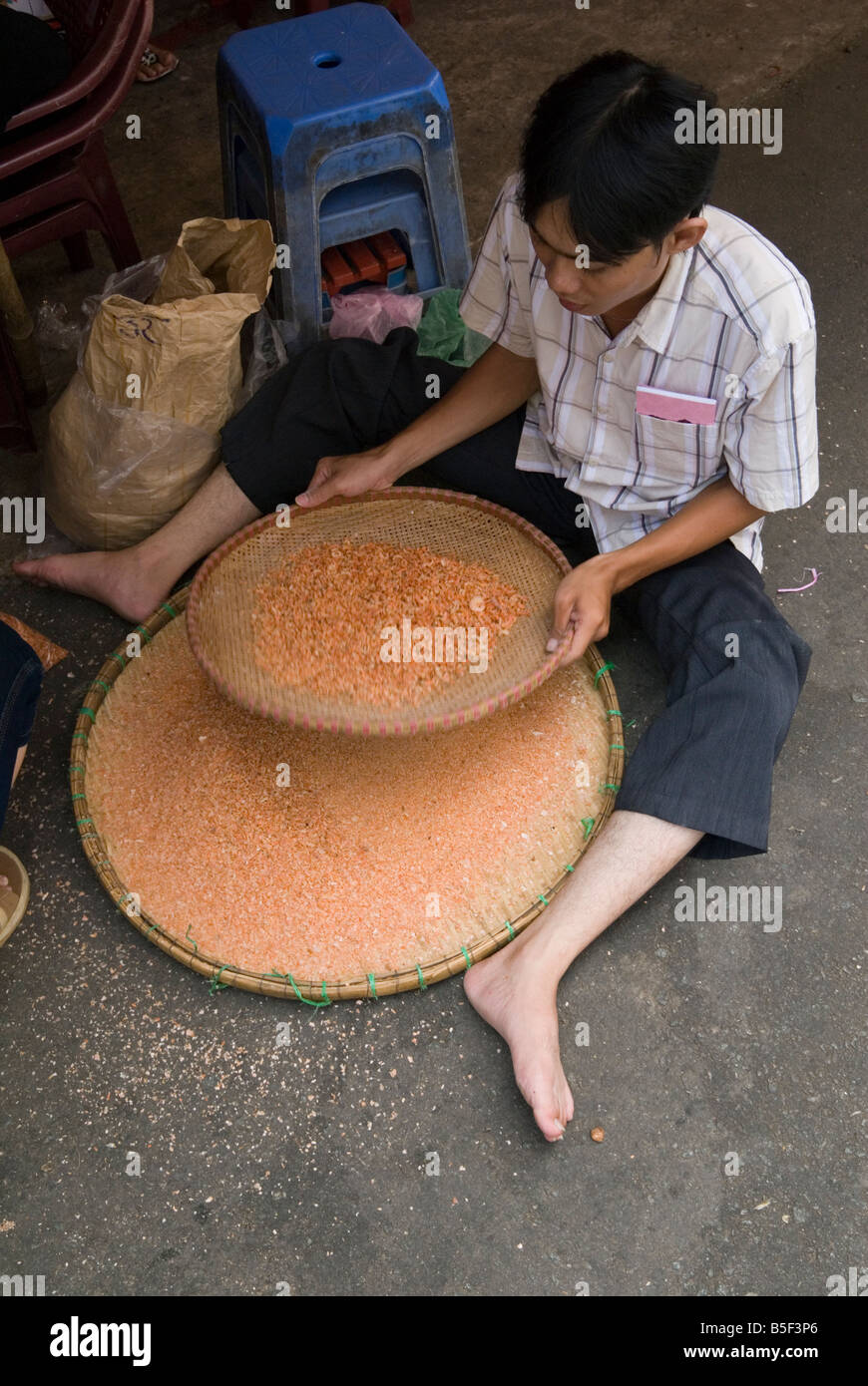 Titulaire d'un décrochage utilise un tamis pour séparer les morceaux de crevettes séchées dans Cholon, le marché Binh Tay, Ho Chi Minh City, Vietnam Banque D'Images