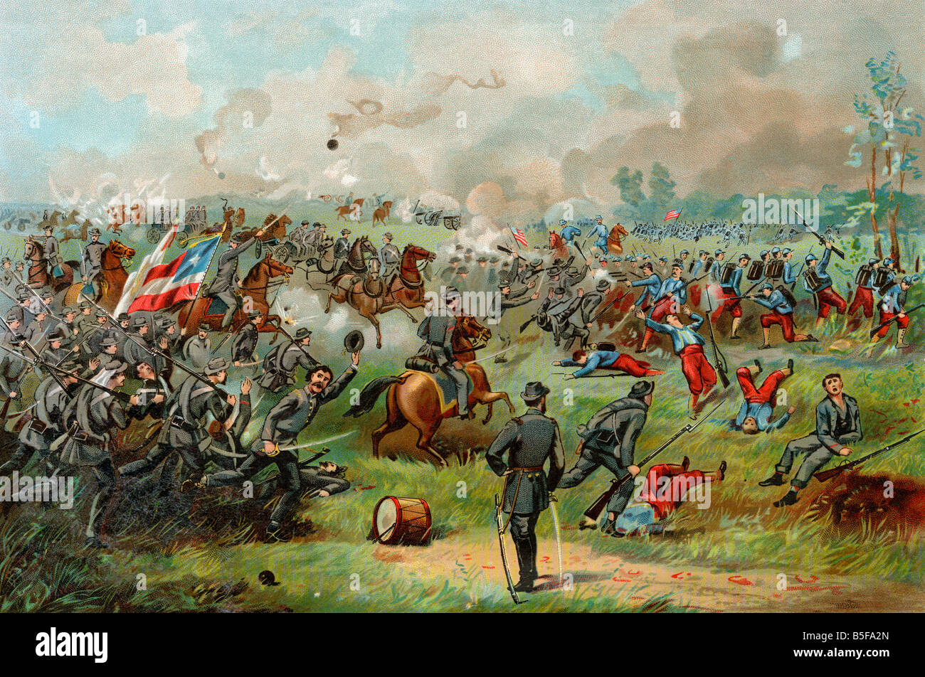Général Stonewall Jackson menant Confédérés à la bataille de Bull Run 1861. Lithographie couleur Banque D'Images